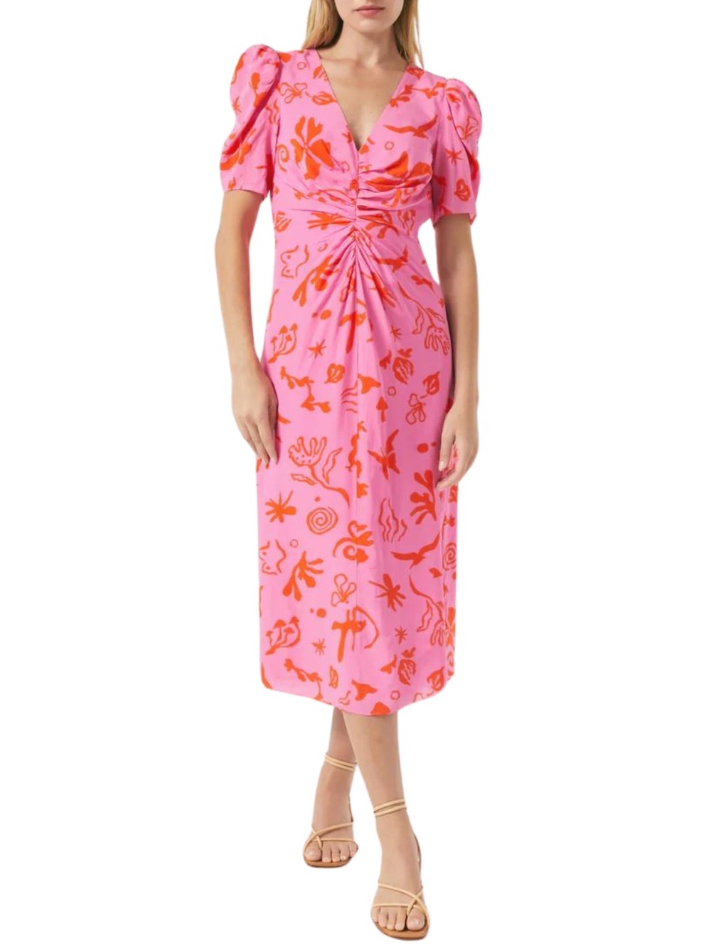 RHODE Maci Midi Dress Bright Pink Orange Botanical Print Size 2/XS NWT